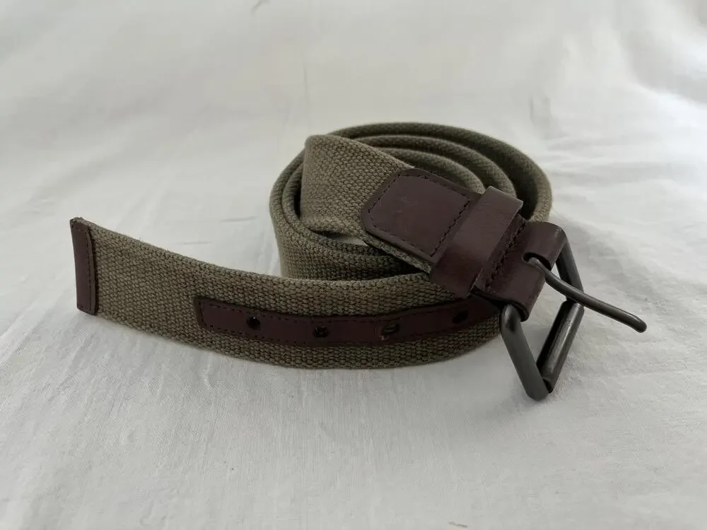 Cotton Leather Belt 40 Brown Trim Military Style Buckle Army Green Beige Webbed
